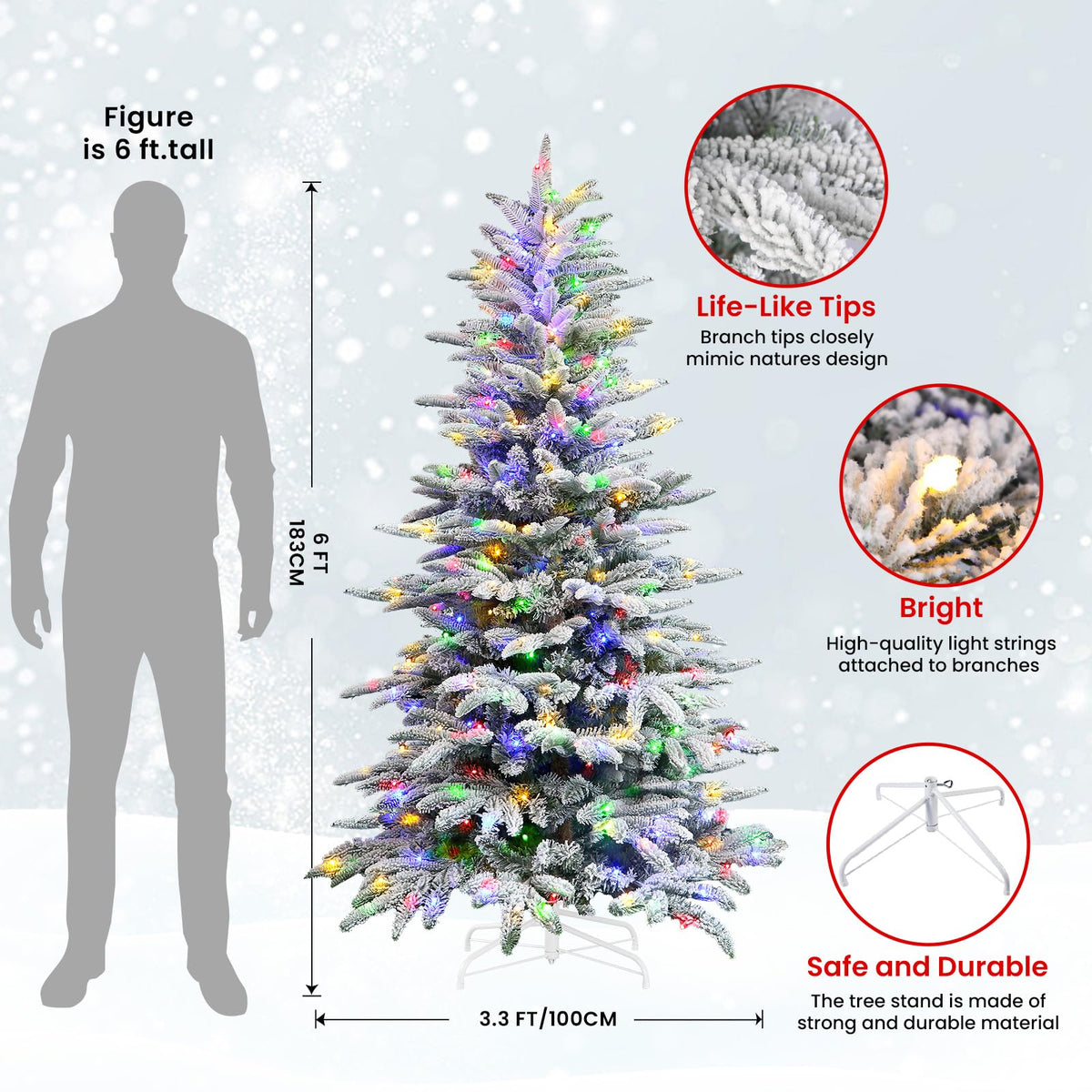 6ft Prelit Artificial Hinged Upgraded Snow Flocked Christmas Tree with Remote, 380 Pre-Lit Multi-Color RGB Lights and 1045 PE & PVC Branch Tips, Perfect Choice for Xmas Decoration, 6 FT - SHareconn