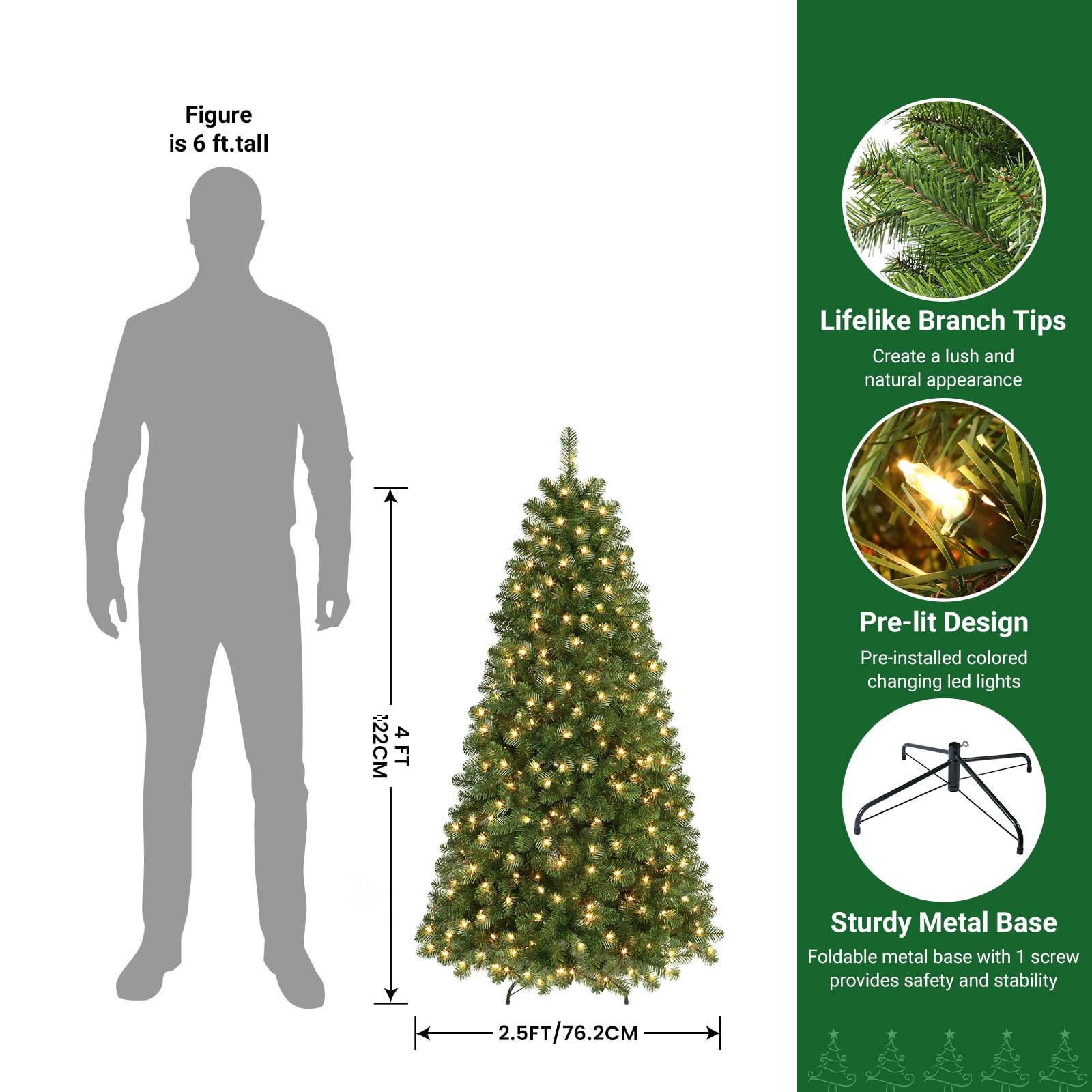 SHareconn 4ft Prelit Premium Artificial Hinged Christmas Tree with Warm White Lights, Perfect Choice for Xmas Decoration, 4 FT, Green - SHareconn