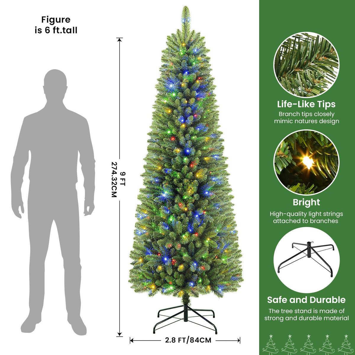 SHareconn 9ft Premium Prelit Artificial Hinged Slim Pencil Christmas Tree with Remote Control, 500 Warm White & Multi-Color Lights, Full Branch Tips, First Choice Decorations for X-mas, 9 FT, Green - SHareconn