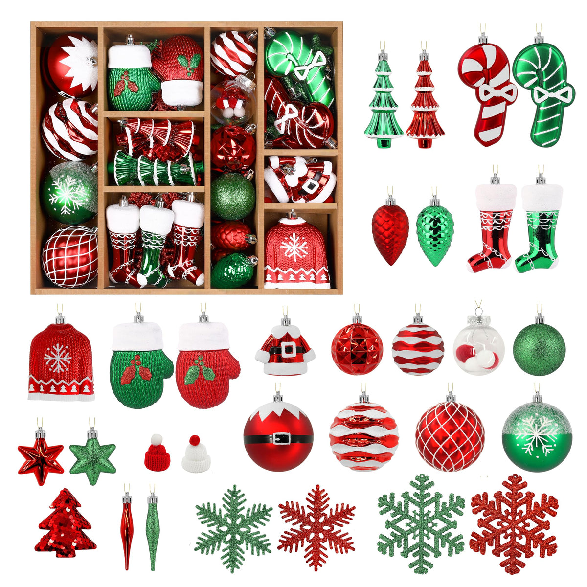 85ct RedGreenWhite Christmas Balls Ornaments Set with Hanging Strings