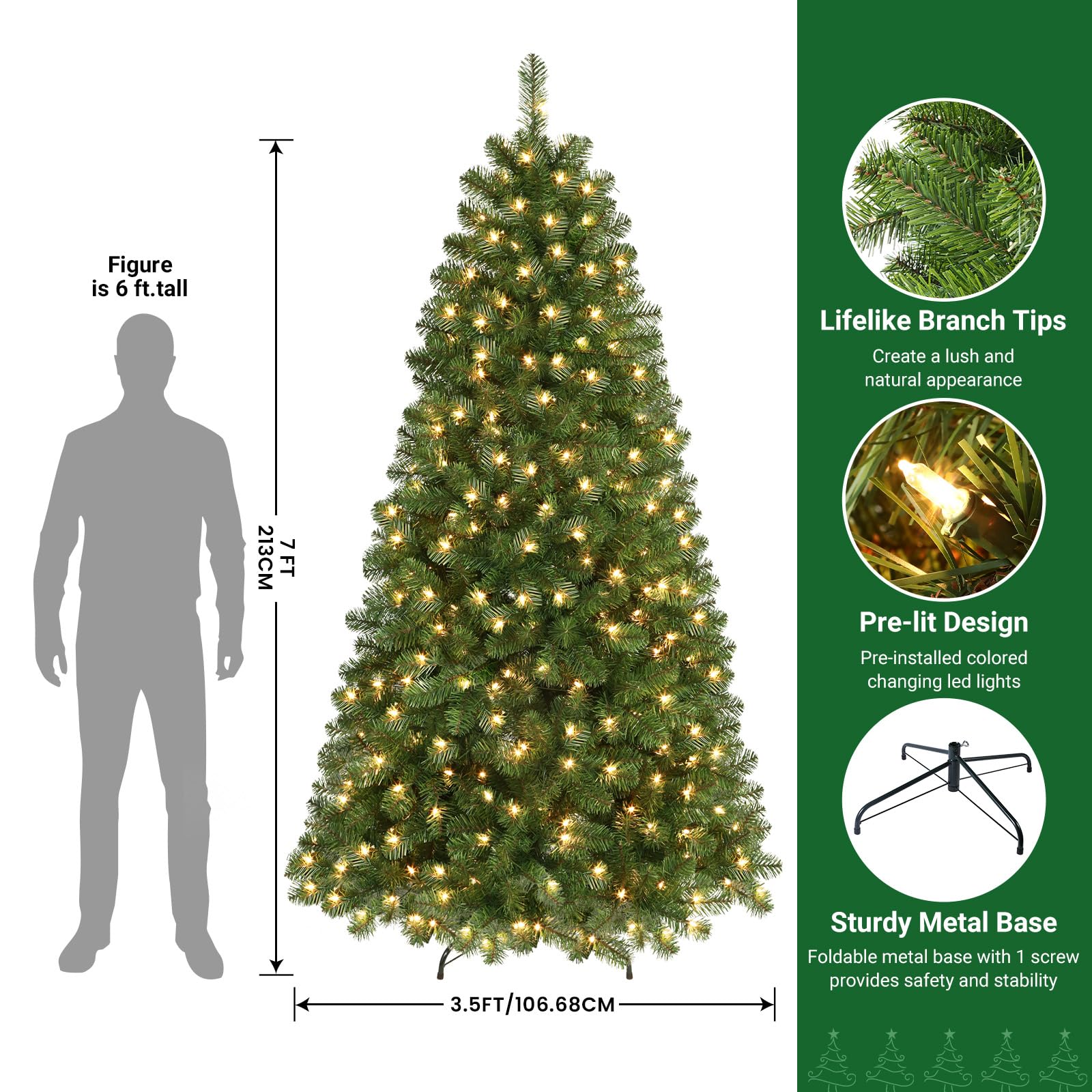 SHareconn 7ft Prelit Premium Artificial Hinged Christmas Tree with Warm White Lights, Perfect Choice for Xmas Decoration, 7 FT, Green - SHareconn