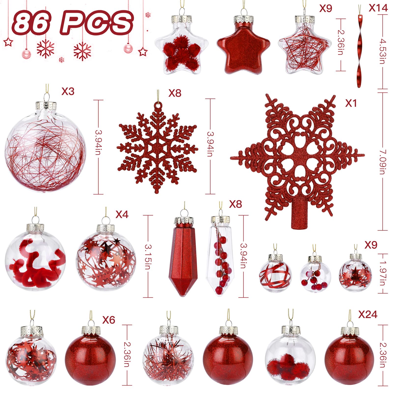 SHareconn 86PCS Red Christmas Ball Decoration Set