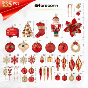 135pcs Red and Gold Christmas Balls Ornaments Set