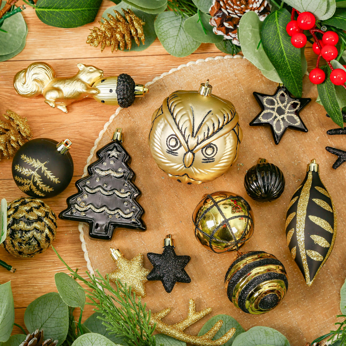 96pcs Black & Gold Forest Theme and Animal Designs Christmas Tree Ornaments Set