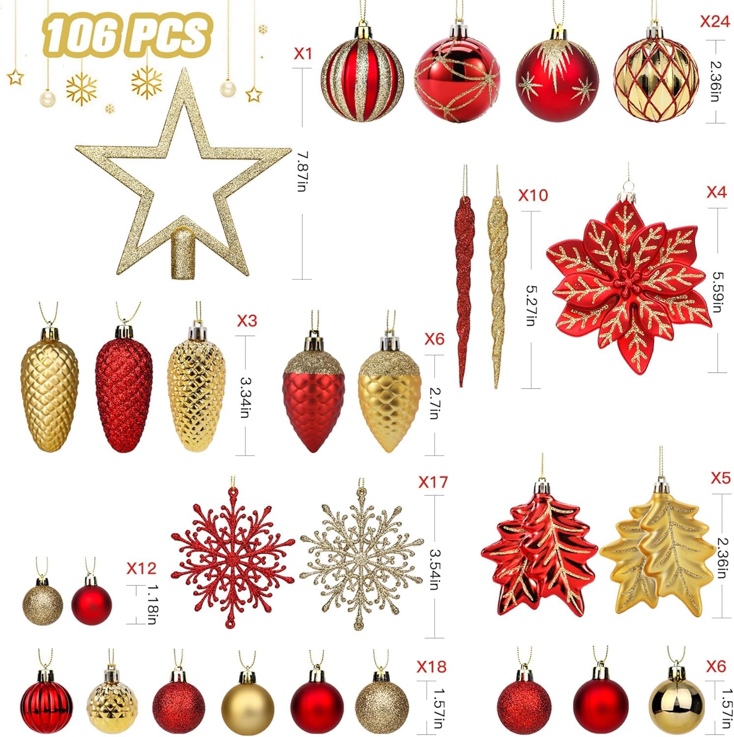 106pcs Christmas Shatterproof Plastic Balls Ornaments Set Red & Gold - SHareconn