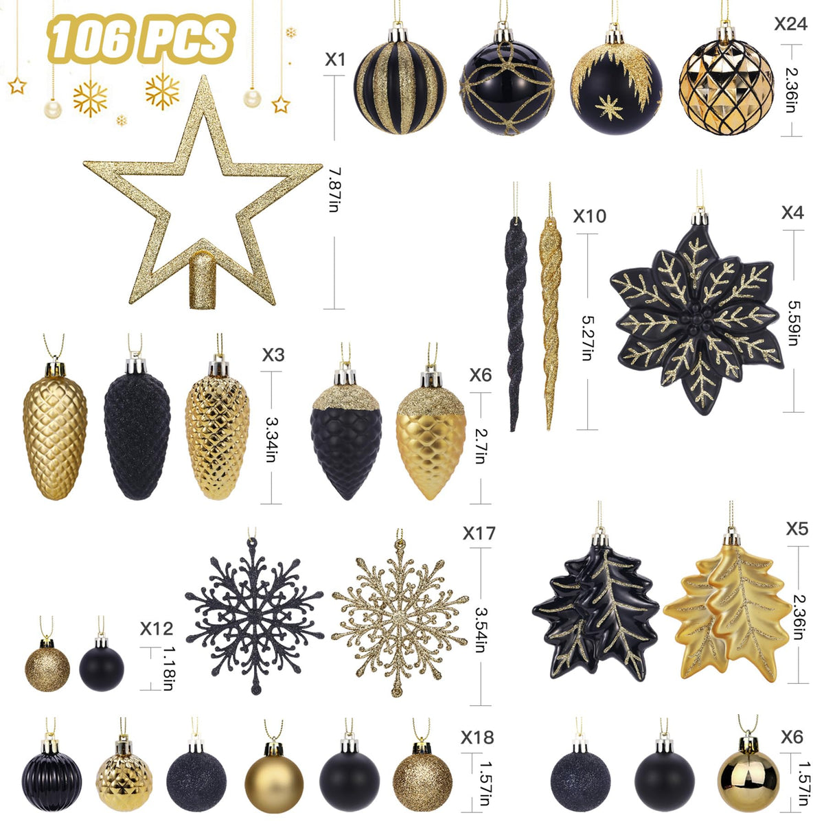 106PCS Black & Gold Christmas Balls Ornaments Set with Hanging Hooks