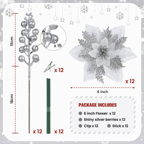 24 Pcs Silver Boxed 12Pcs Poinsettias Artificial Christmas Flowers+12Pcs Holly Berry Stems for Christmas Tree Decor