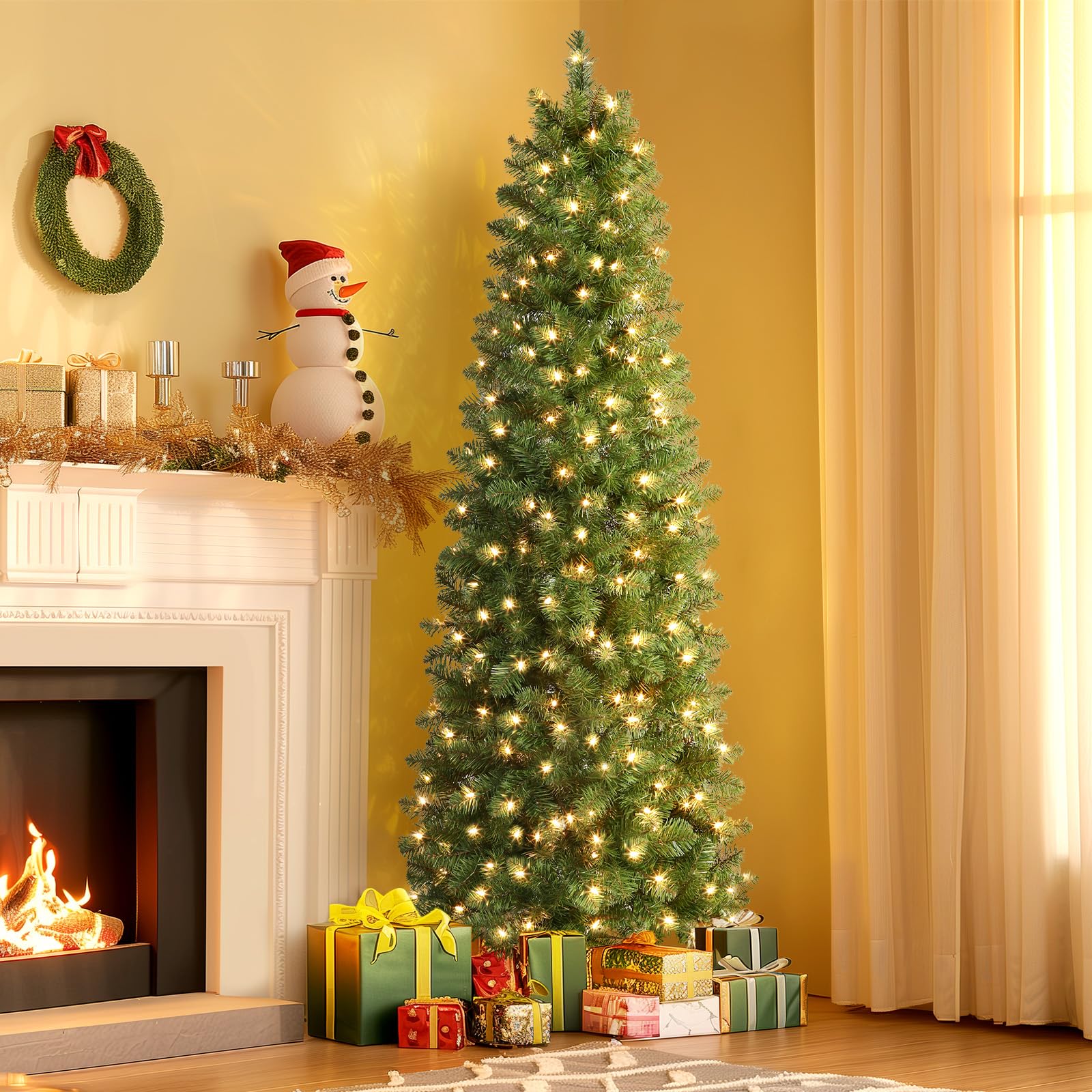 7.5ft Prelit Warm White Lights Artificial Hinged Slim Pencil Christmas Tree - SHareconn