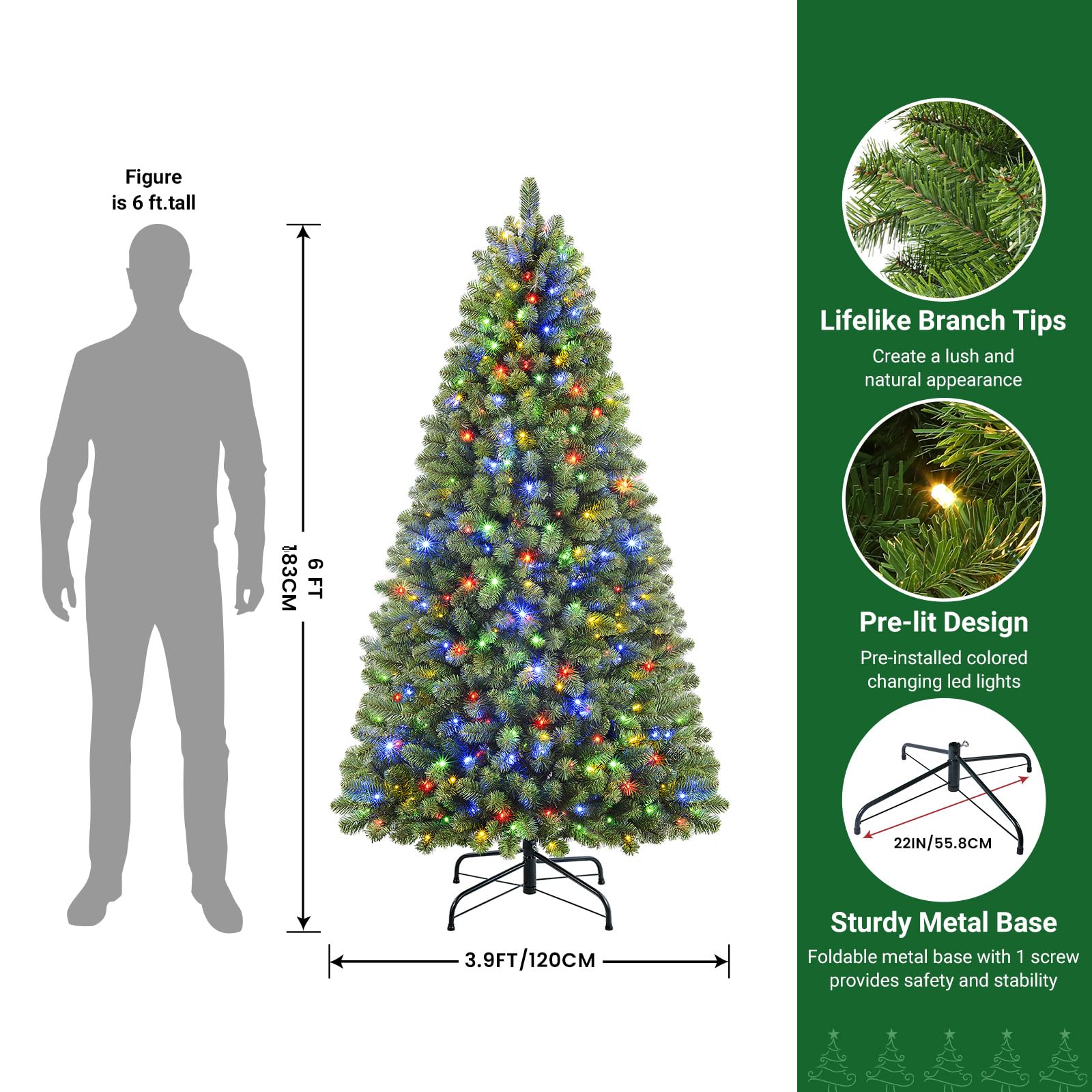 6ft Prelit Artificial Hinged Warm White & Color LED Changing Lights Christmas Tree with Remote Control