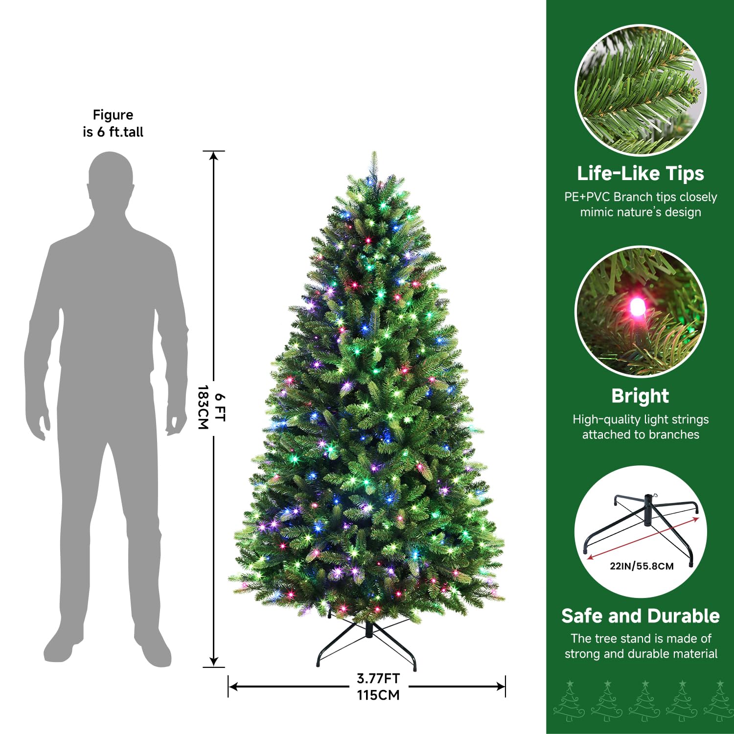 6ft Prelit Multi-Color RGB Lights Premium Artificial Hinged Full Christmas Tree with Remote Control