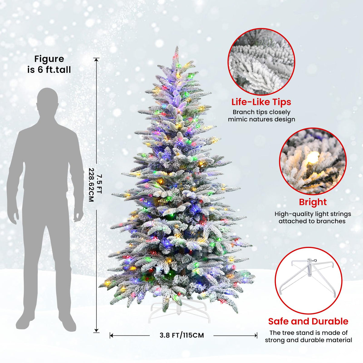 7.5ft Prelit Artificial Hinged Upgraded Snow Flocked Christmas Tree with Remote, 460 Pre-Lit Multi-Color RGB Lights and 1267 PE & PVC Branch Tips, Perfect Choice for Xmas Decoration, 7.5 FT - SHareconn