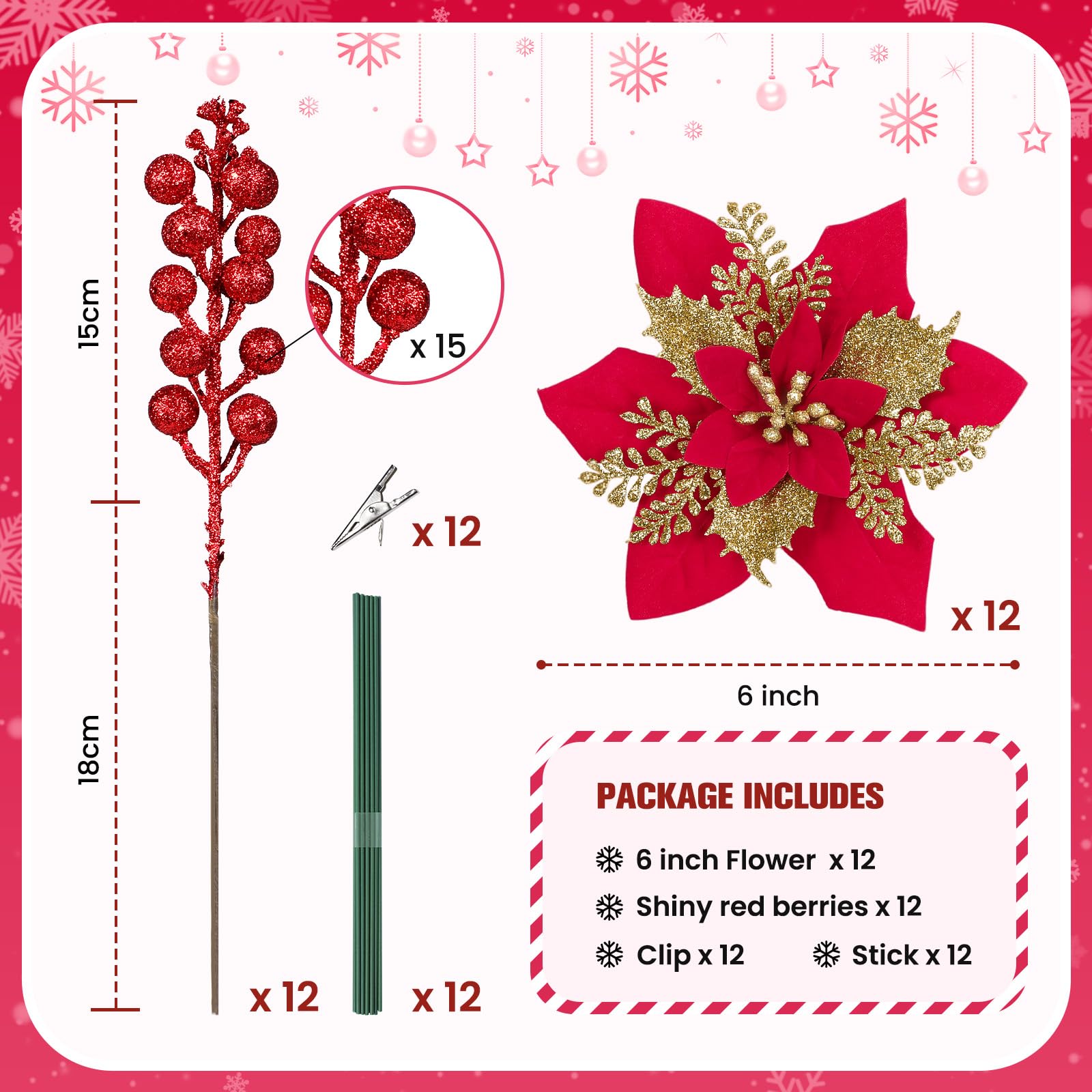 12Pcs Poinsettias Artificial Christmas Flowers+12Pcs Holly Berry Stems for Christmas Tree Decor