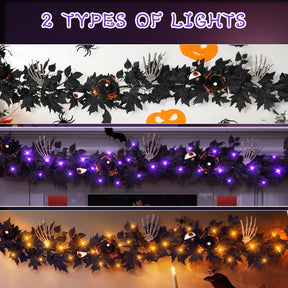 Halloween Black Garlands with Bone Claws Battery Operated Purple/Warm Pre-lit LED Lights and Time - SHareconn