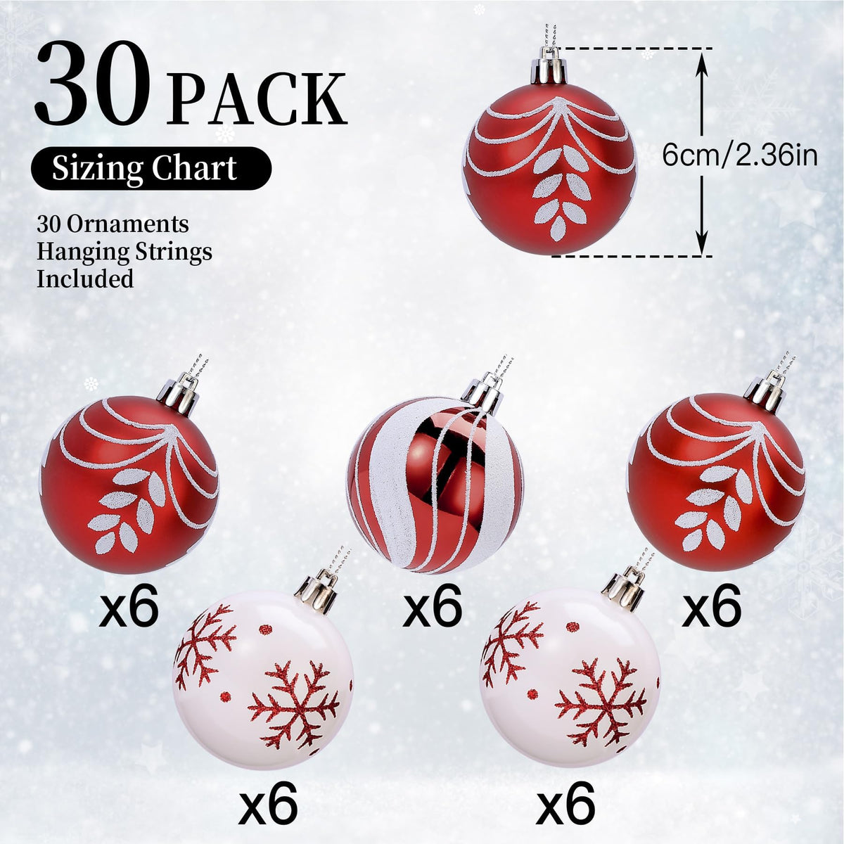 30ct 2.36 Inch (Red & white, 60mm) Christmas Tree Balls Ornaments