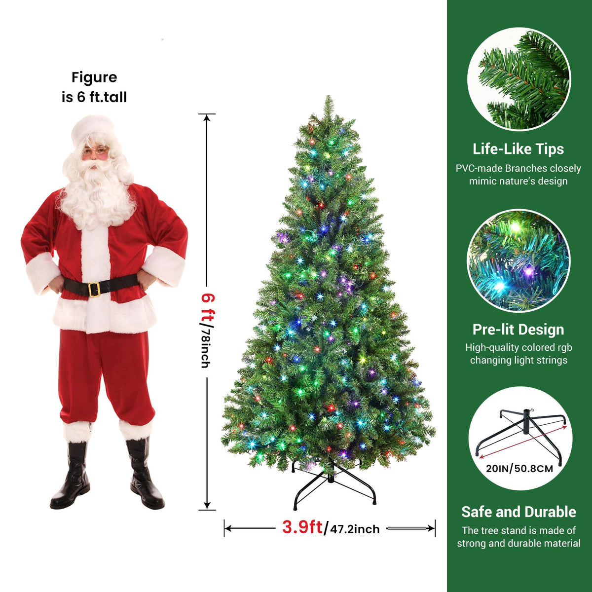 6ft Prelit RGB Lights Premium Artificial Hinged Christmas Tree with Remote