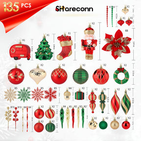 135Pcs Red, Green and Gold Christmas Ball Ornament Set