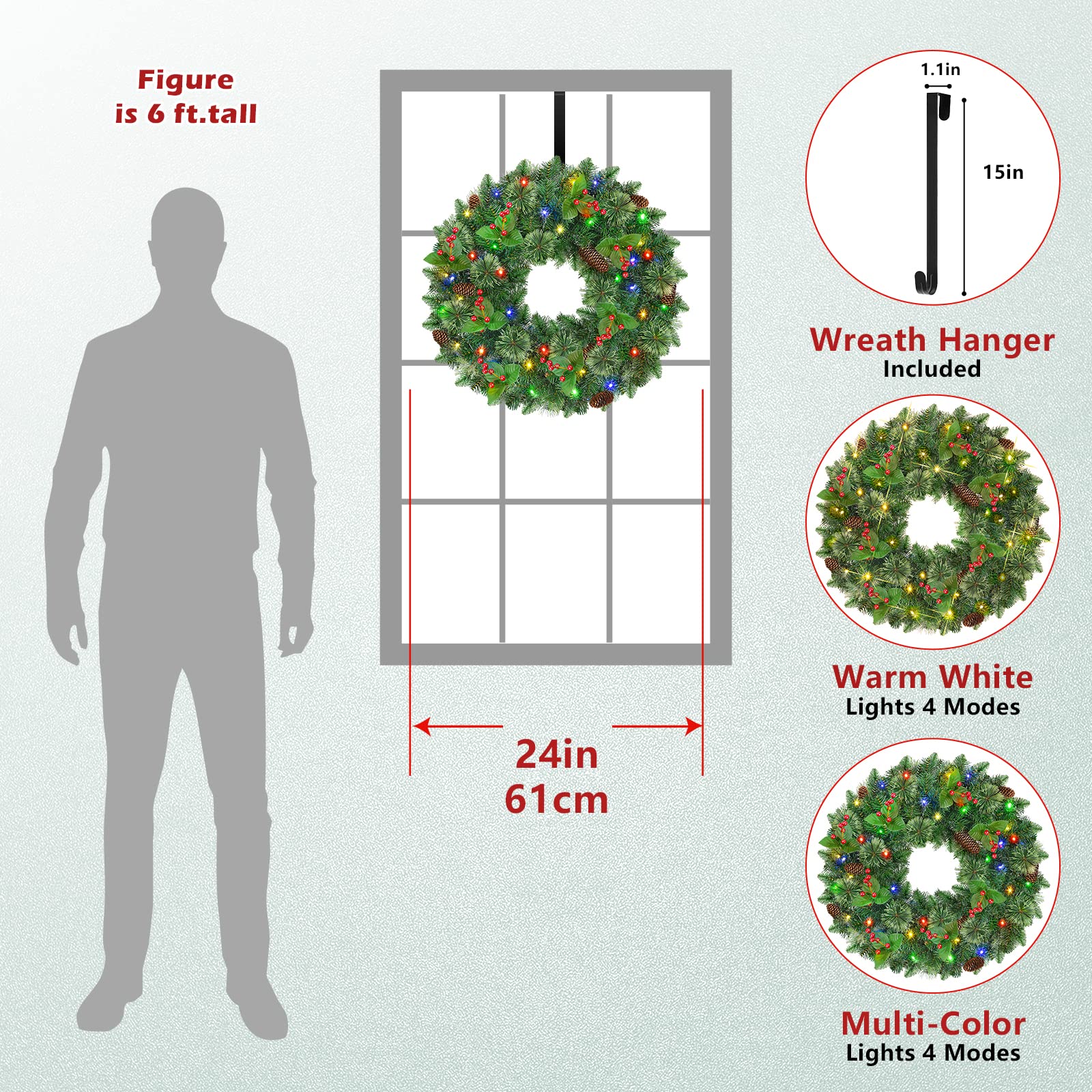 24 Inch Prelit Artificial Christmas Wreath with 15" Hanger