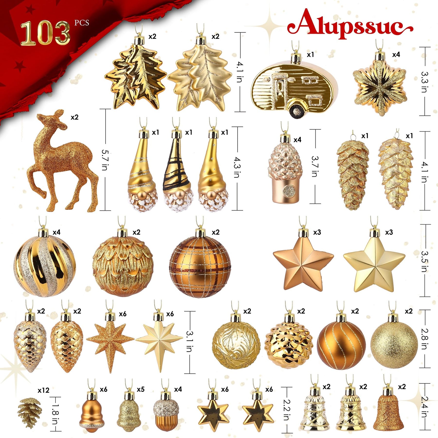 106pcs Gold Gnome Christmas Decorations Christmas Balls Ornaments Set