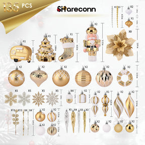 135pcs Gold and White Christmas Balls Ornaments Set