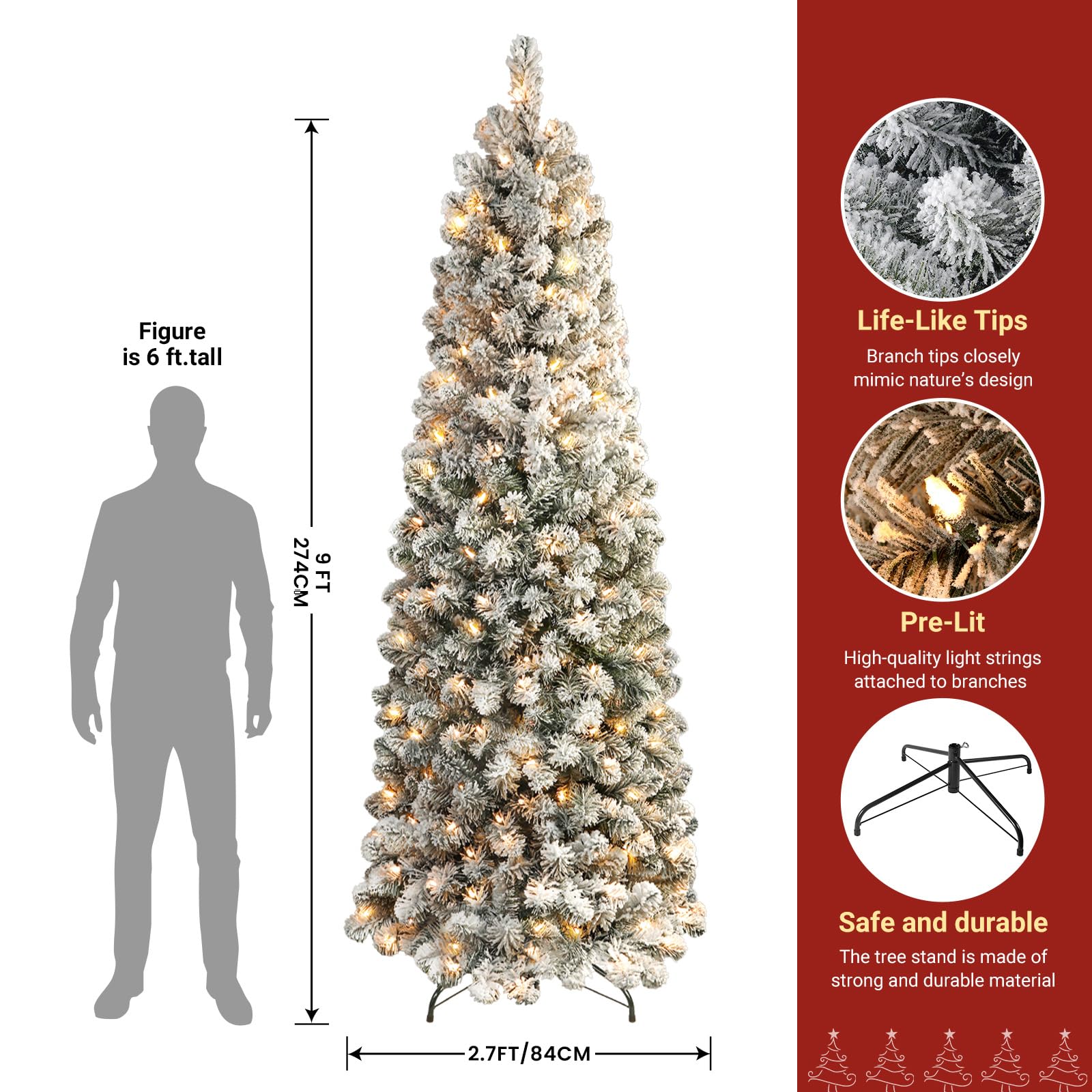 SHareconn 9ft Prelit Snow Flocked Artificial Hinged Slim Pencil Christmas Tree with Warm White Lights, Full Branch Tips, Perfect Choice Decoration for Xmas Holiday, 9 FT, Green - SHareconn