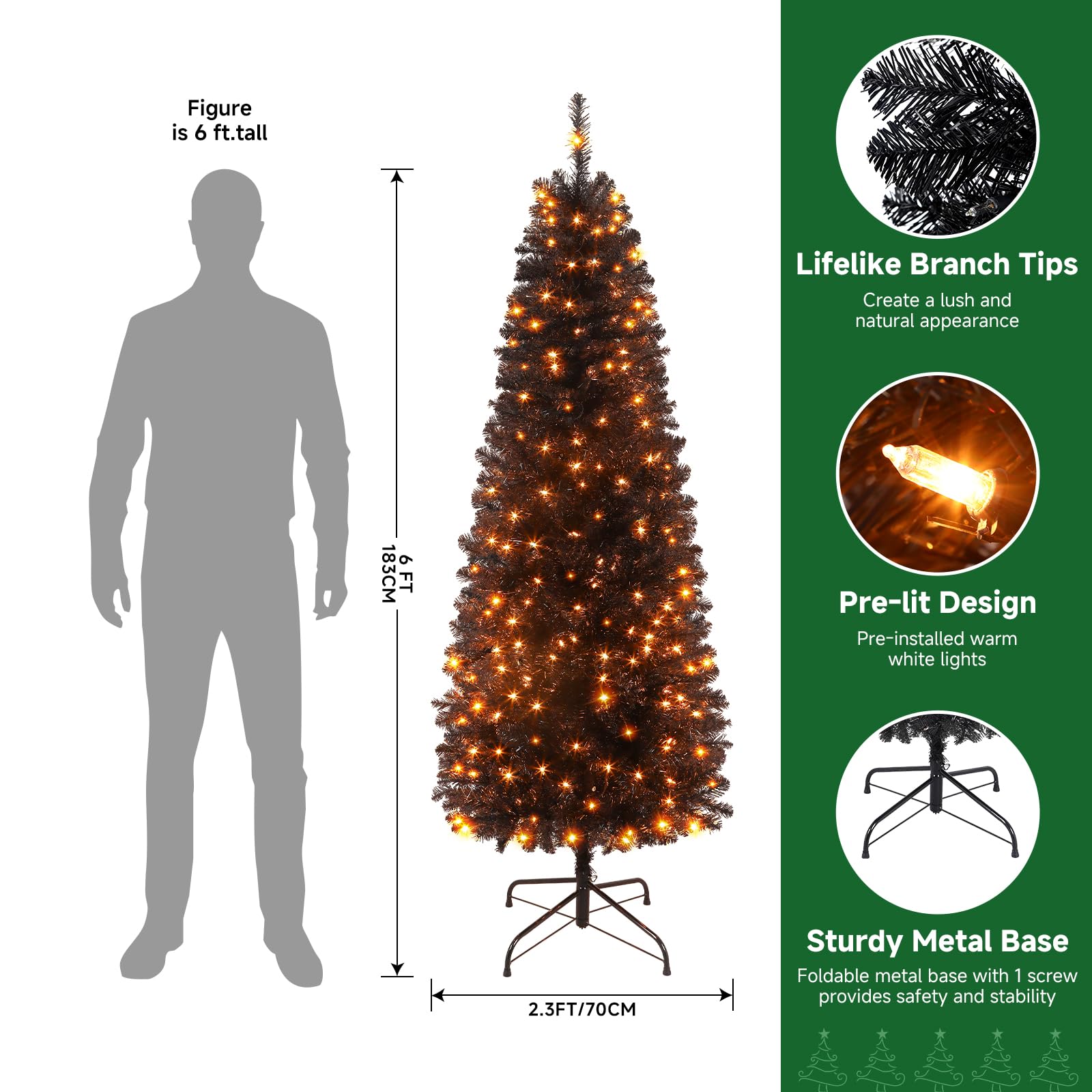 SHareconn 6ft Prelit Artificial Hinged Slim Pencil Christmas Tree with Warm White Lights, Full Branch Tips, Perfect Choice Decoration for Xmas Holiday, 6 FT, Black - SHareconn