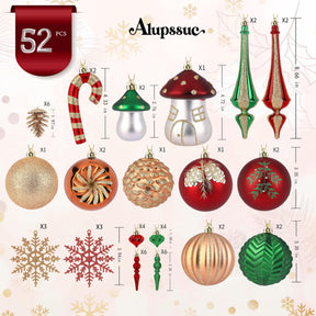 52pcs Bronze Copper Gold & Green Forest Theme Christmas Tree Ornaments Set