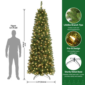 SHareconn 9ft Prelit Artificial Hinged Slim Pencil Christmas Tree with Warm White Lights, Full Branch Tips, Perfect Choice Decoration for Xmas Holiday, 9 FT, Green - SHareconn