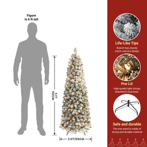 SHareconn 5ft Prelit Snow Flocked Artificial Hinged Slim Pencil Christmas Tree with Warm White Lights, Full Branch Tips, Perfect Choice Decoration for Xmas Holiday, 5 FT, White - SHareconn