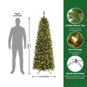 SHareconn 6ft Artificial Hinged Slim Pencil Prelit Christmas Tree with Lights, Warm White Light, The Perfect Choice of Decorations for Xmas Holiday, 6 Foot Pre Lit Christmas Tree, Green - SHareconn