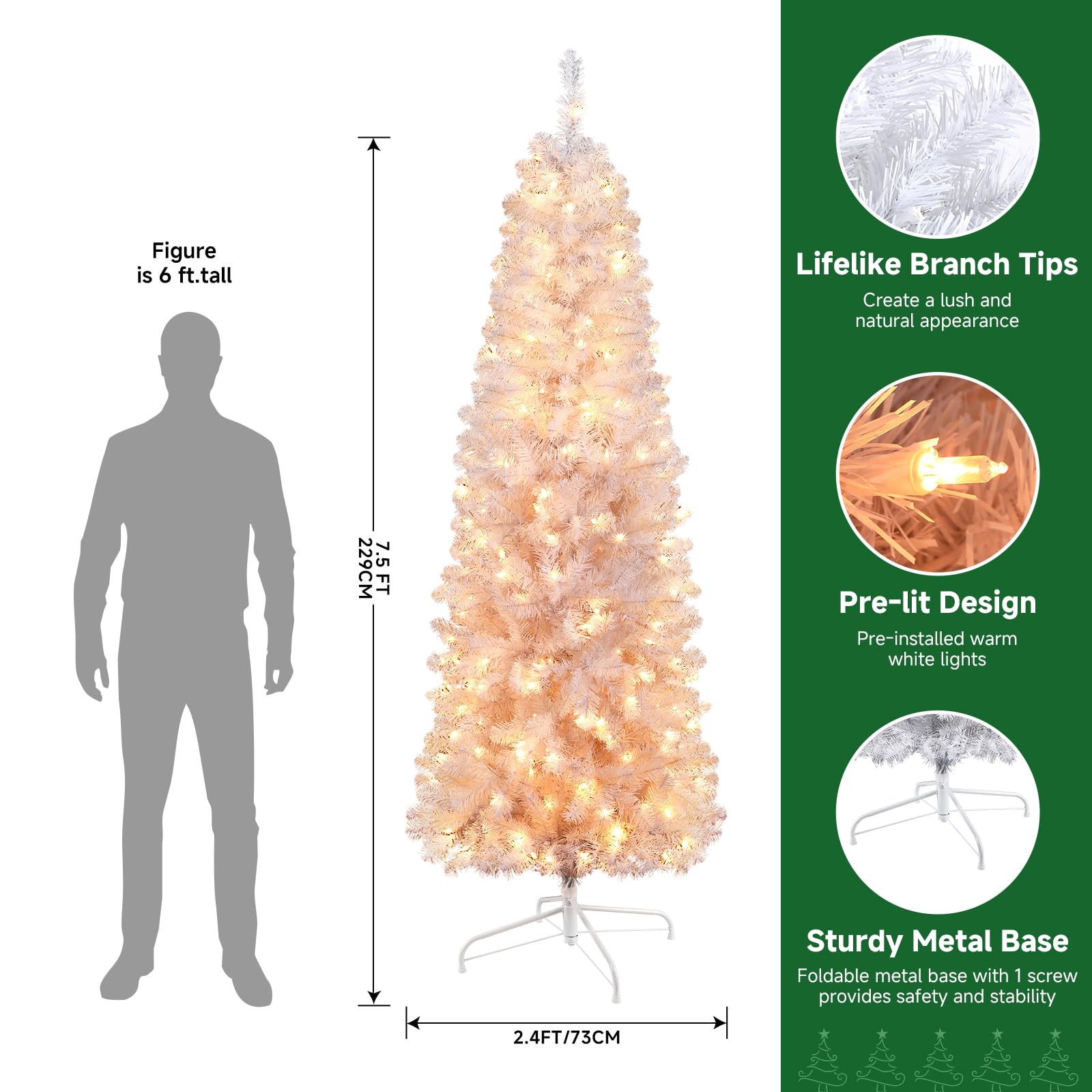 SHareconn 7.5ft Prelit Artificial Hinged Slim Pencil Christmas Tree with Warm White Lights, Full Branch Tips, Perfect Choice Decoration for Xmas Holiday, 7.5 FT, White - SHareconn