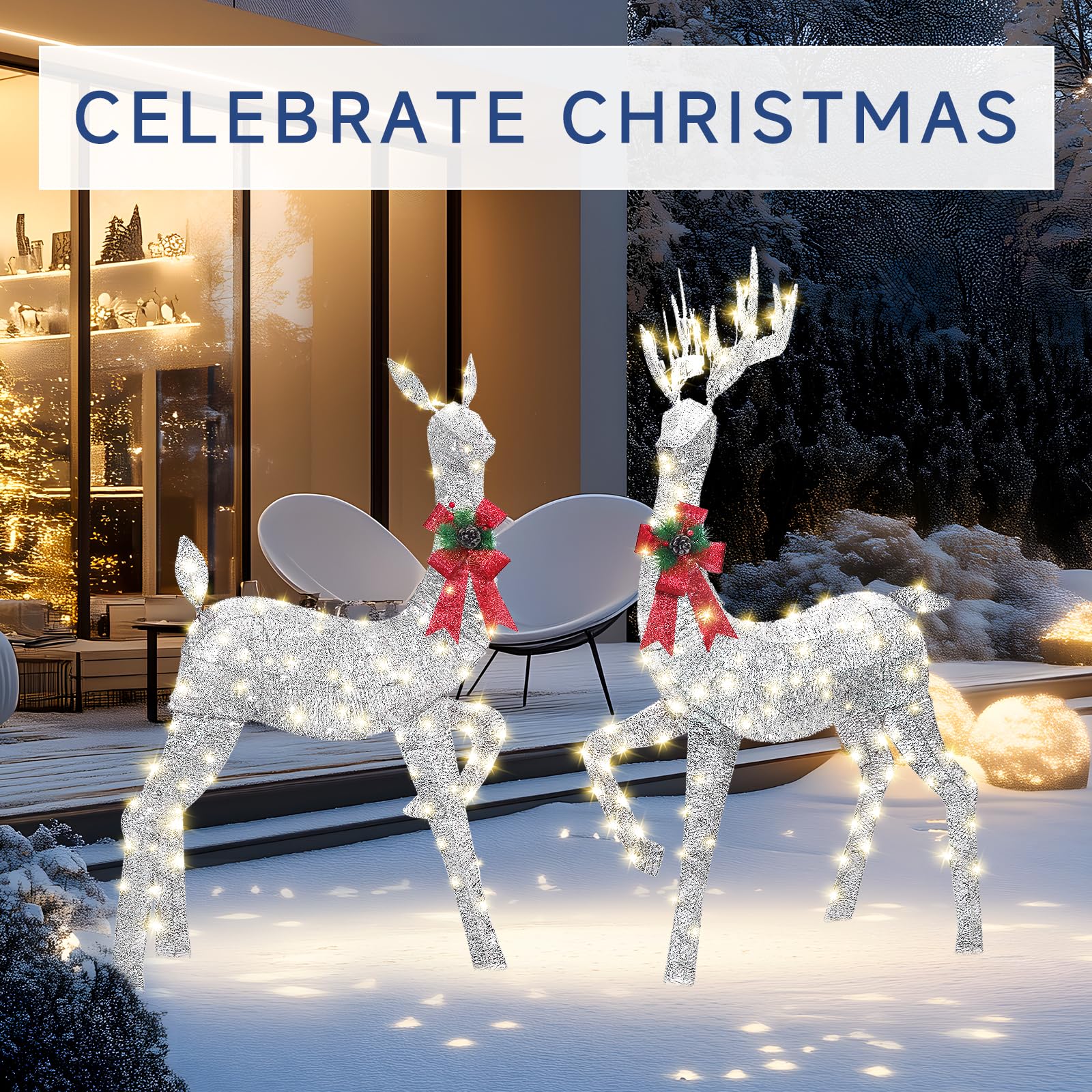 3-Piece Silvery Large Pre-Lit Christmas Deer Family Set Outdoor Yard Decorations