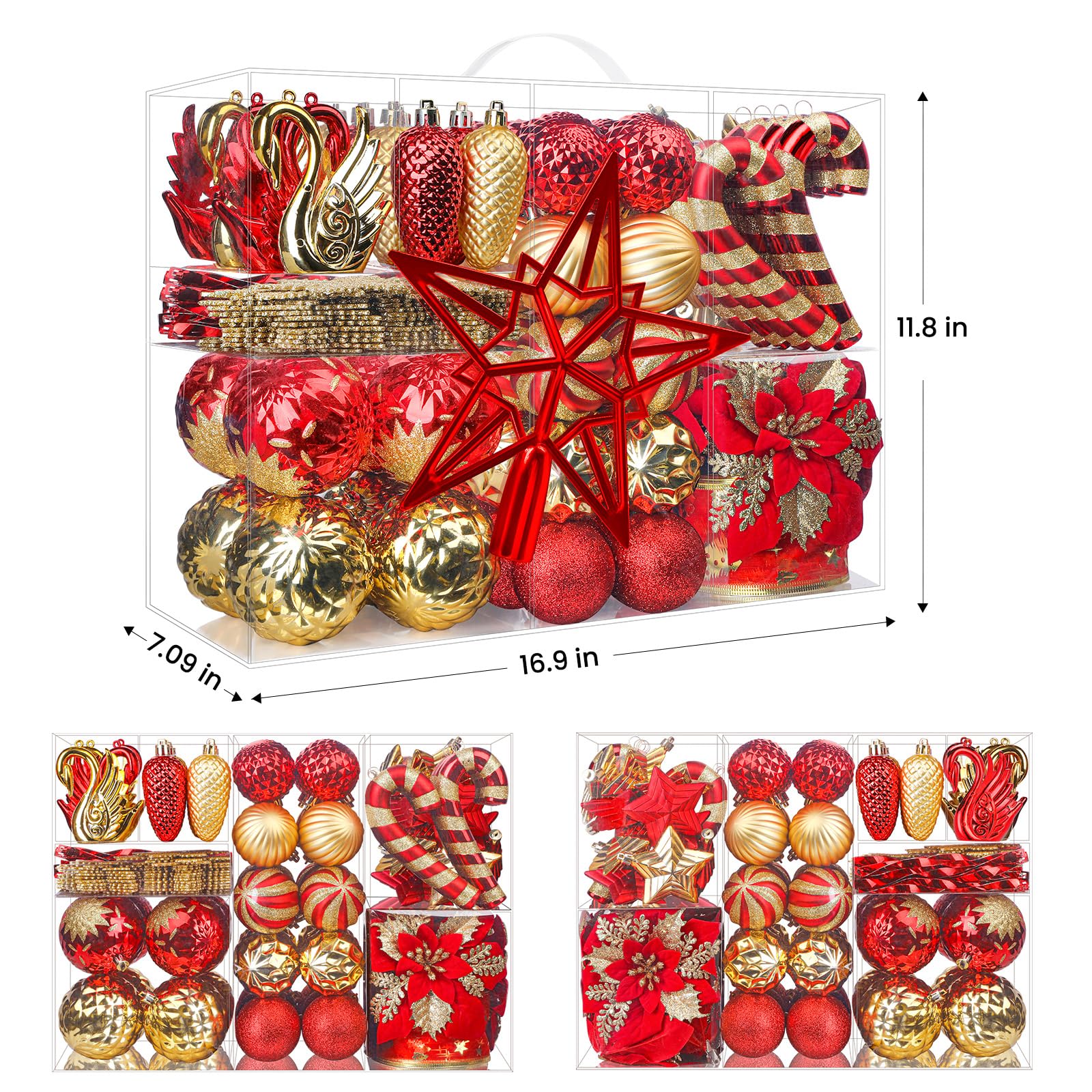 128pcs Shatterproof Plastic Baubles Christmas Balls Ornaments Set Red and Gold - SHareconn