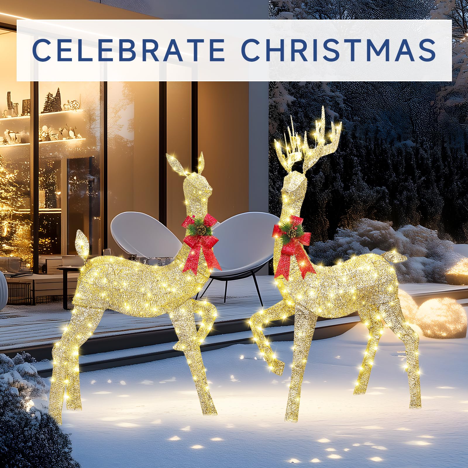 3-Piece Gold Large Pre-Lit Christmas Deer Family Set Outdoor Yard Decorations