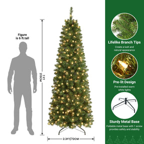 SHareconn 7ft Artificial Hinged Slim Pencil Prelit Christmas Tree with Lights, Warm White Light, The Perfect Choice of Decorations for Xmas Holiday, 7 Foot Pre Lit Christmas Tree, Green - SHareconn