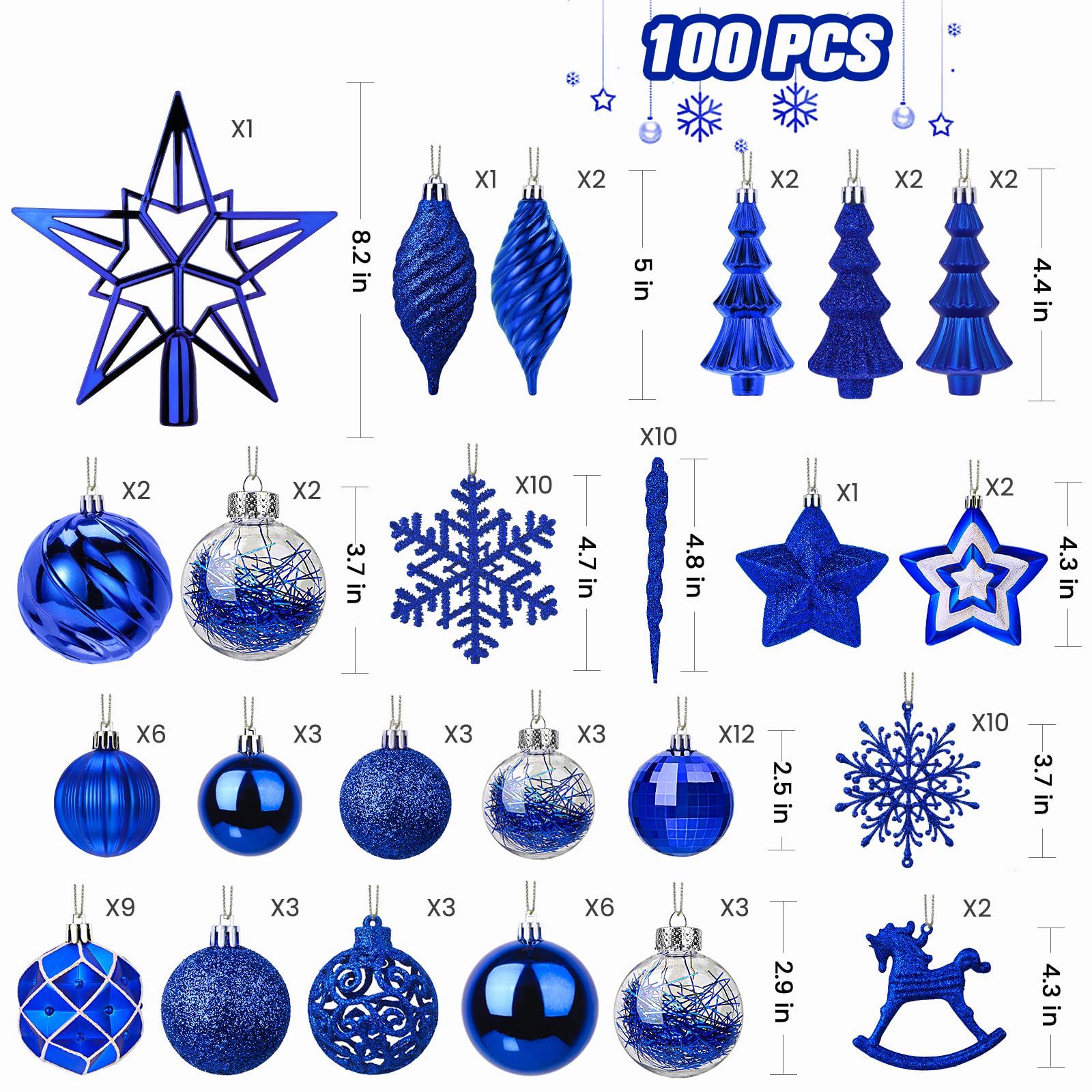 100pcs Blue Christmas Tree Decorations Ornaments Set