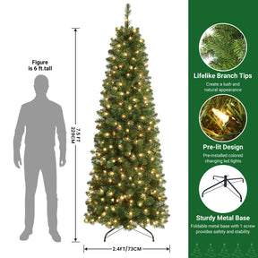 7.5ft Prelit Warm White Lights Artificial Hinged Slim Pencil Christmas Tree - SHareconn