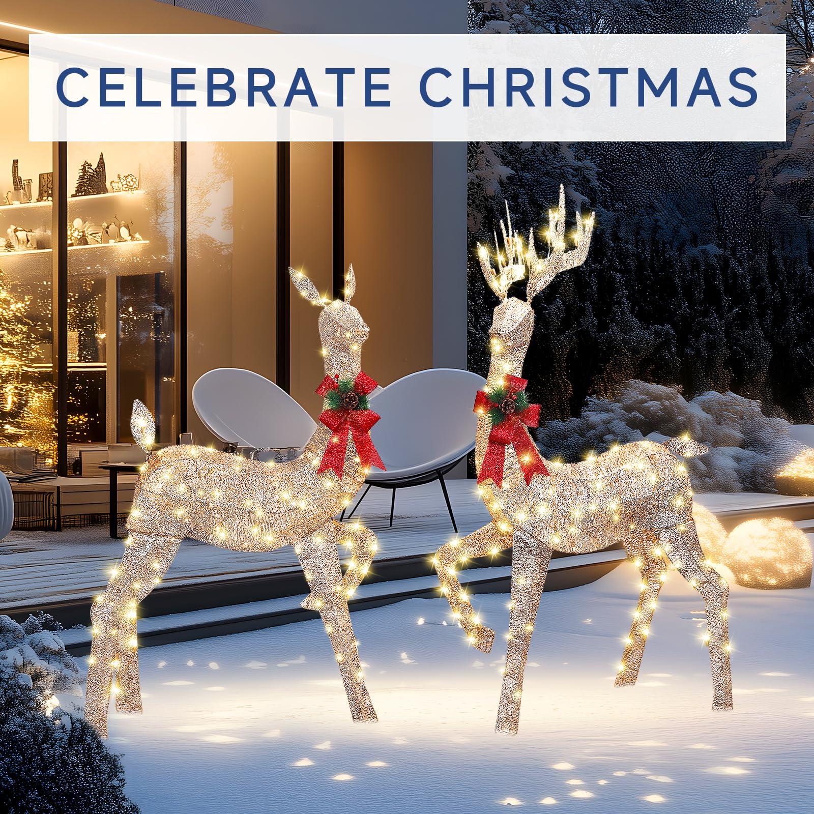 3-Piece Champagne Gold Large Pre-Lit Christmas Deer Family Set Outdoor Yard Decorations