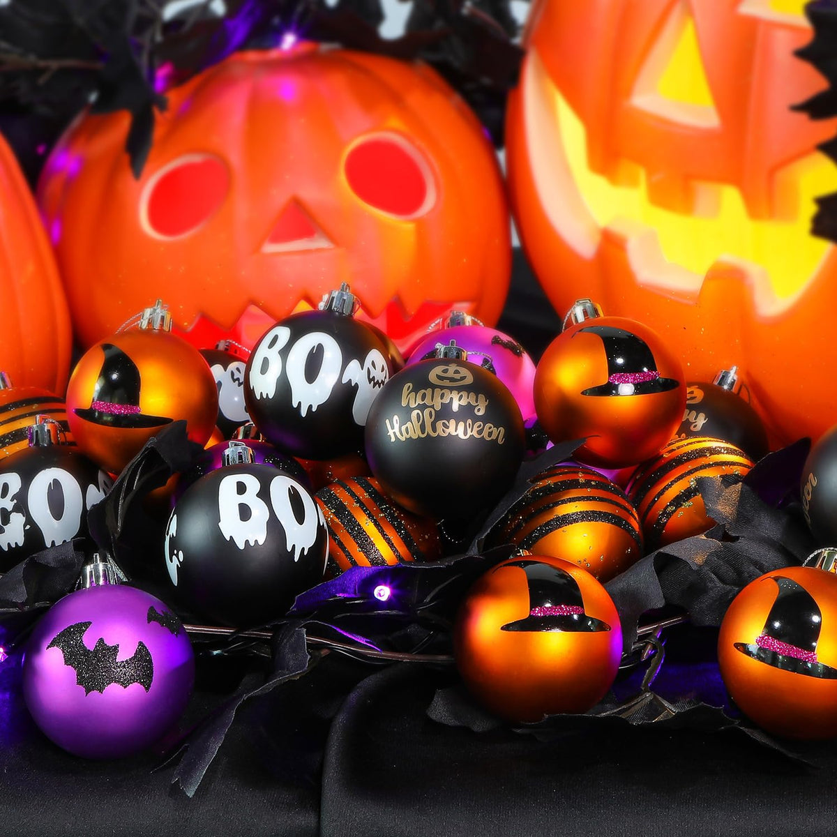 30ct 2.36 Inch Halloween Tree Colored Shatterproof Plastic Ball Ornaments(Black & Orange Purple, 6cm) - SHareconn