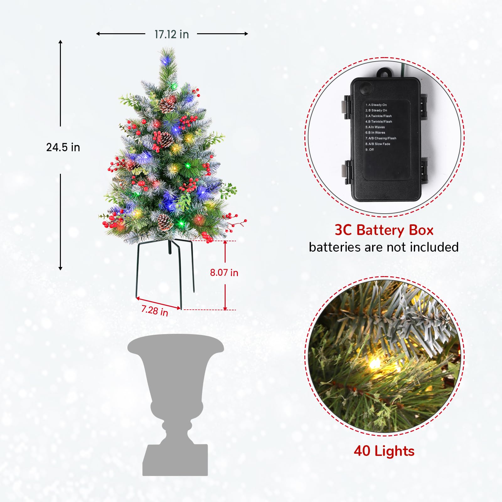 Set of 2 24.5 Inch Pre-lit Outdoor Christmas Tree with Remote