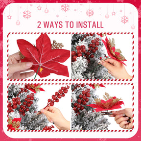 12Pcs Poinsettias Artificial Christmas Flowers+12Pcs Holly Berry Stems for Christmas Tree Decor