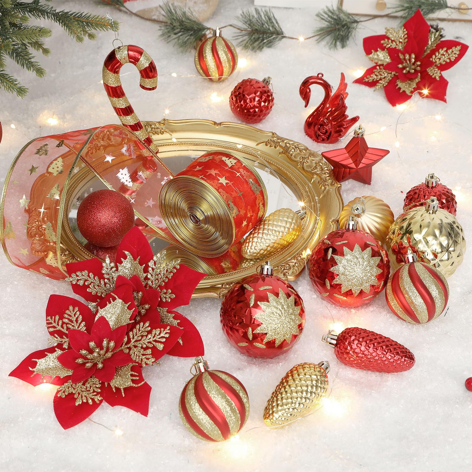 128pcs Shatterproof Plastic Baubles Christmas Balls Ornaments Set Red and Gold - SHareconn