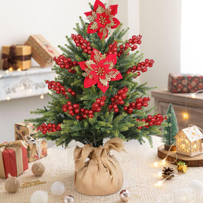 12Pcs Poinsettias Artificial Christmas Flowers+12Pcs Holly Berry Stems for Christmas Tree Decor