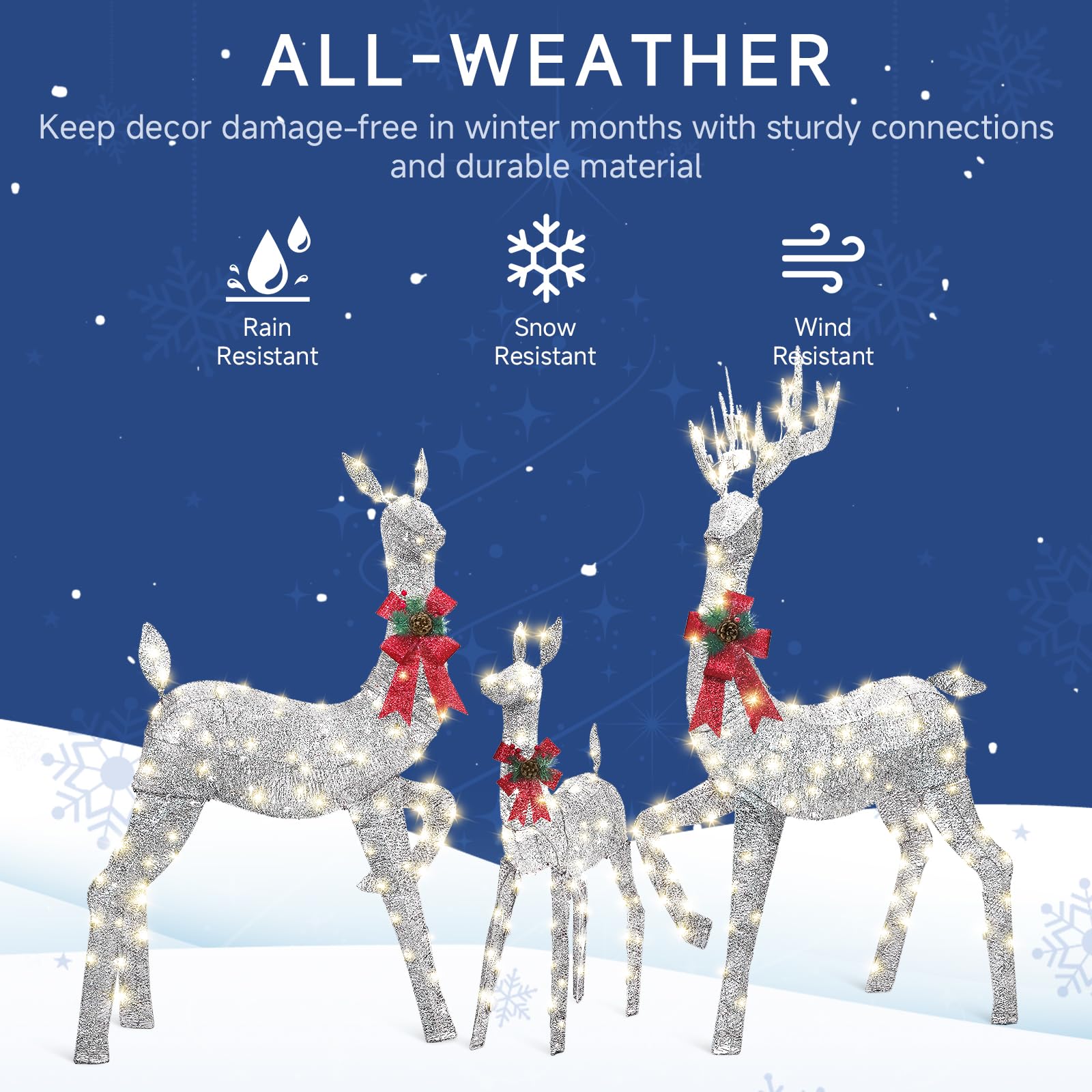 3-Piece Silvery Large Pre-Lit Christmas Deer Family Set Outdoor Yard Decorations