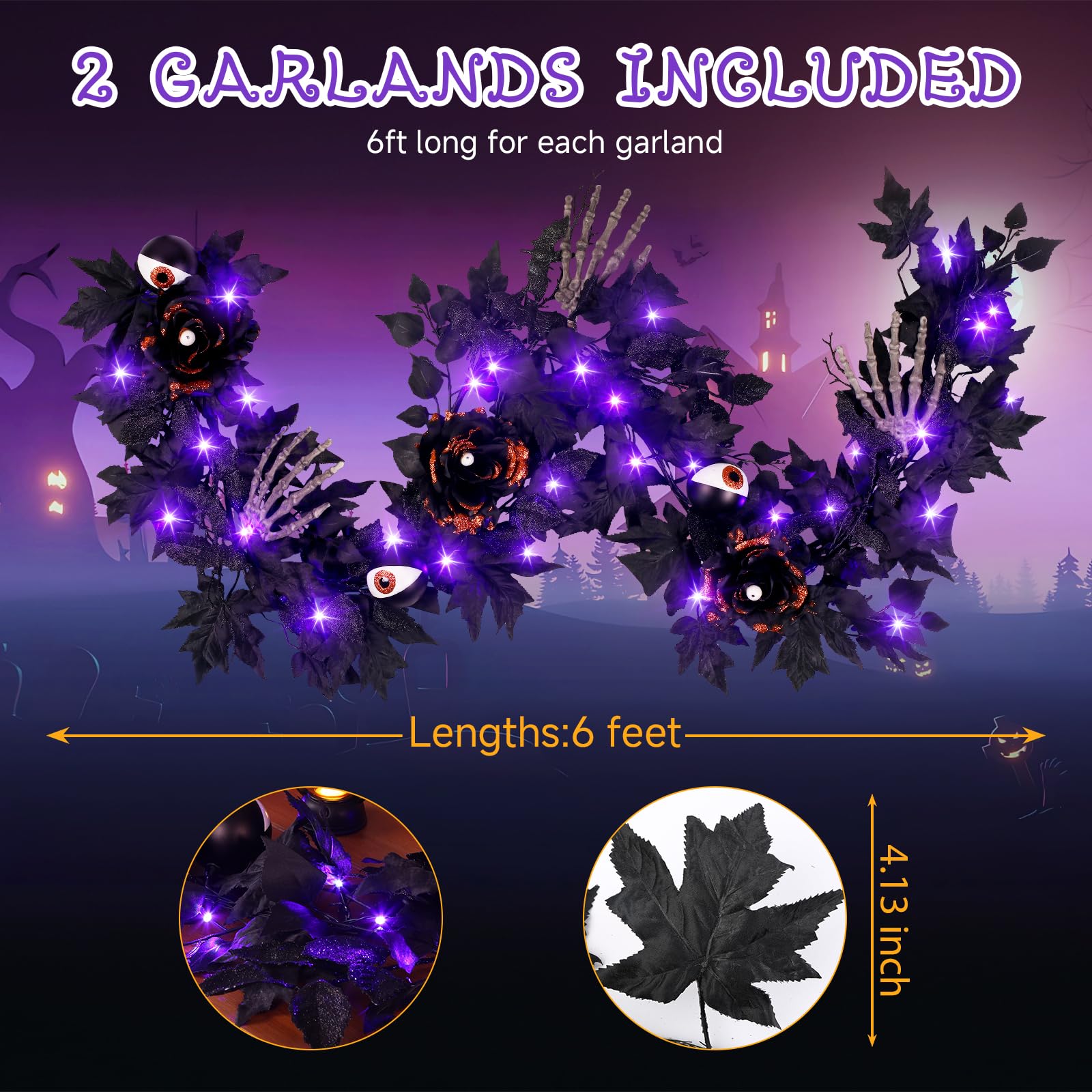 Halloween Black Garlands with Bone Claws Battery Operated Purple/Warm Pre-lit LED Lights and Time - SHareconn