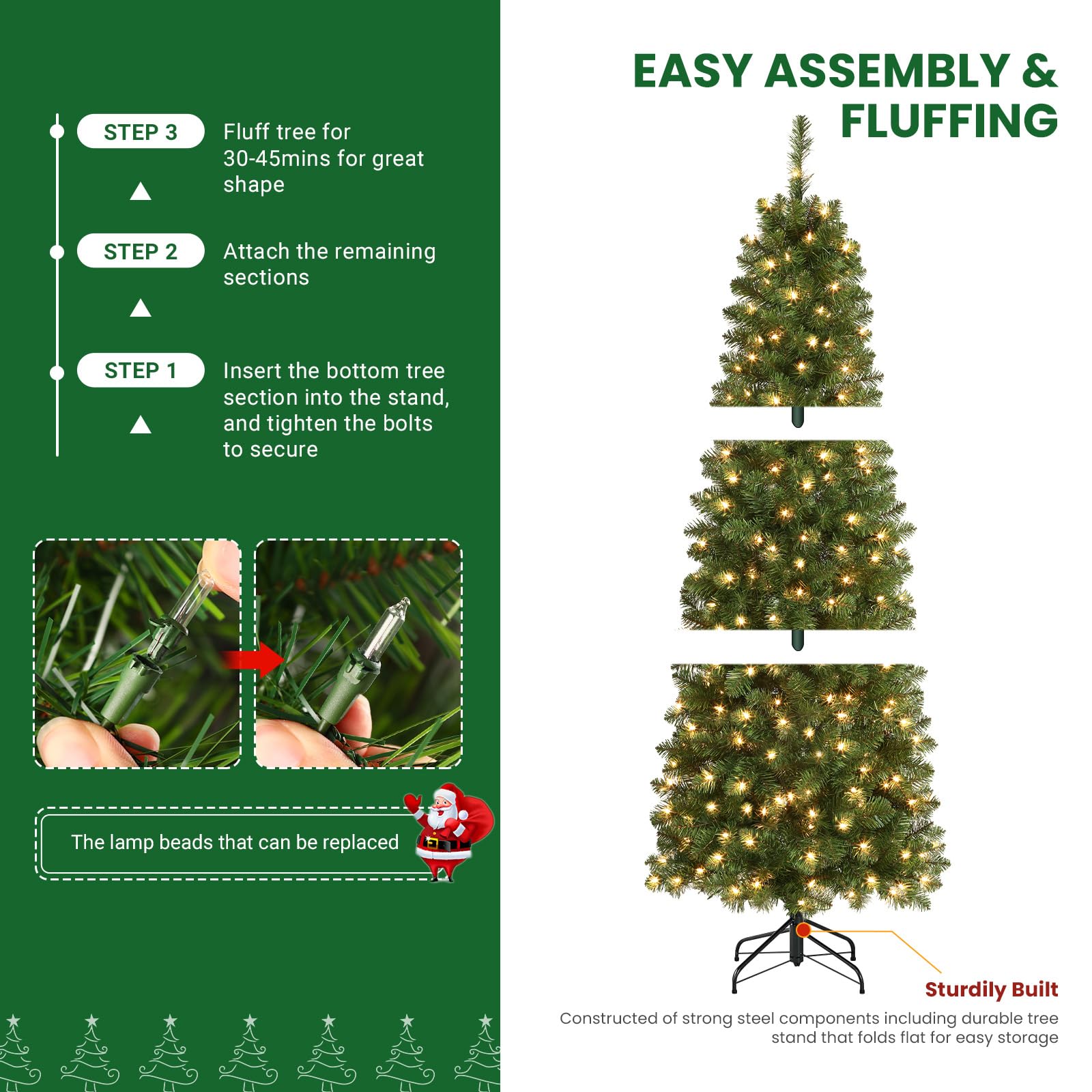 SHareconn 7ft Artificial Hinged Slim Pencil Prelit Christmas Tree with Lights, Warm White Light, The Perfect Choice of Decorations for Xmas Holiday, 7 Foot Pre Lit Christmas Tree, Green - SHareconn