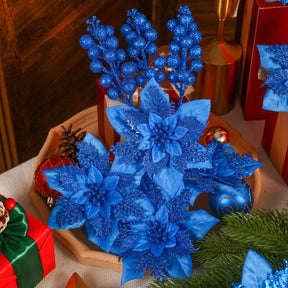 24 Pcs Blue Boxed 12Pcs Poinsettias Artificial Christmas Flowers+12Pcs Holly Berry Stems for Christmas Tree Decor