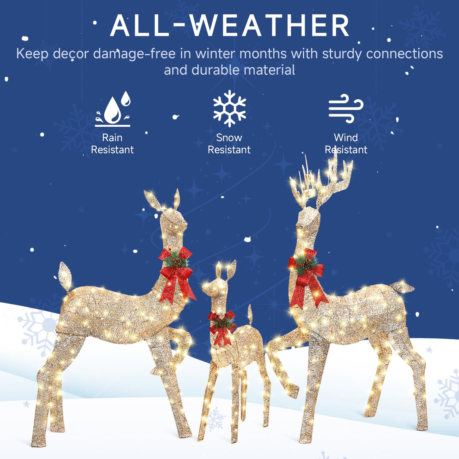 3-Piece Champagne Gold Large Pre-Lit Christmas Deer Family Set Outdoor Yard Decorations