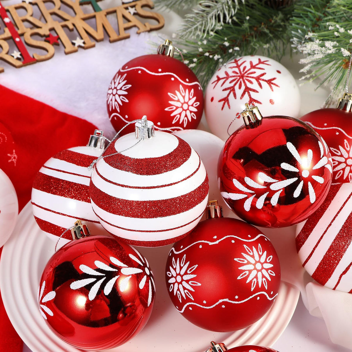 12ct 3.15 Inch Red & White Christmas Tree Balls Ornaments