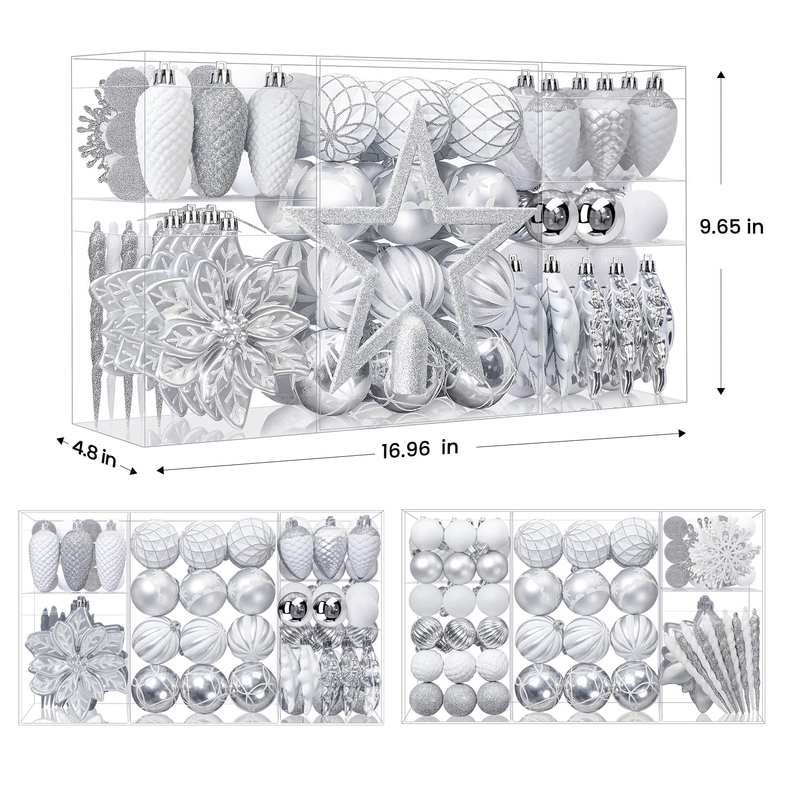 106pcs White &Silver Christmas Balls Ornaments Set with Hooks