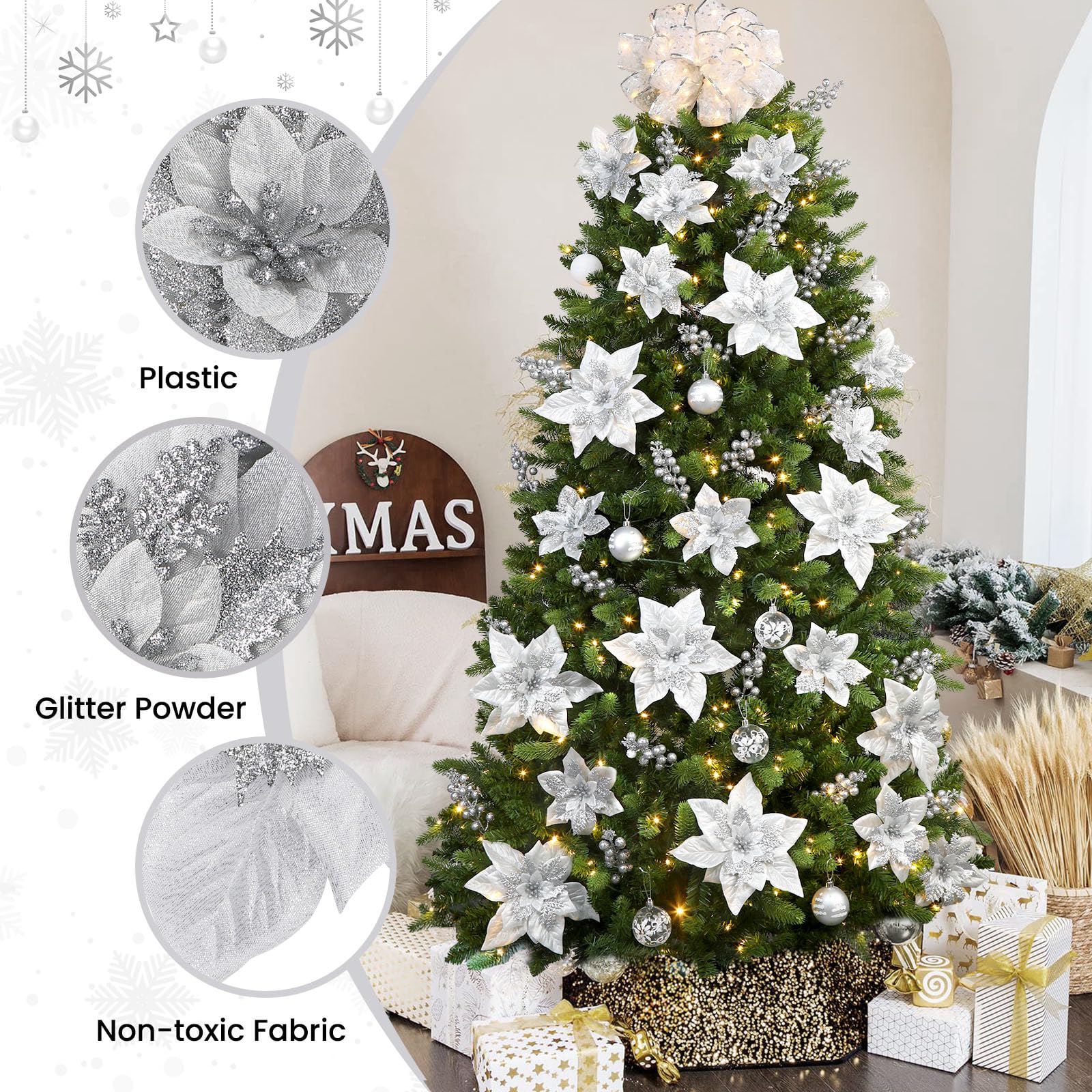 24 Pcs 6"&9" Silver Large Poinsettia Artificial Christmas Flowers Decorations for Christmas Tree with Clips&Sticks